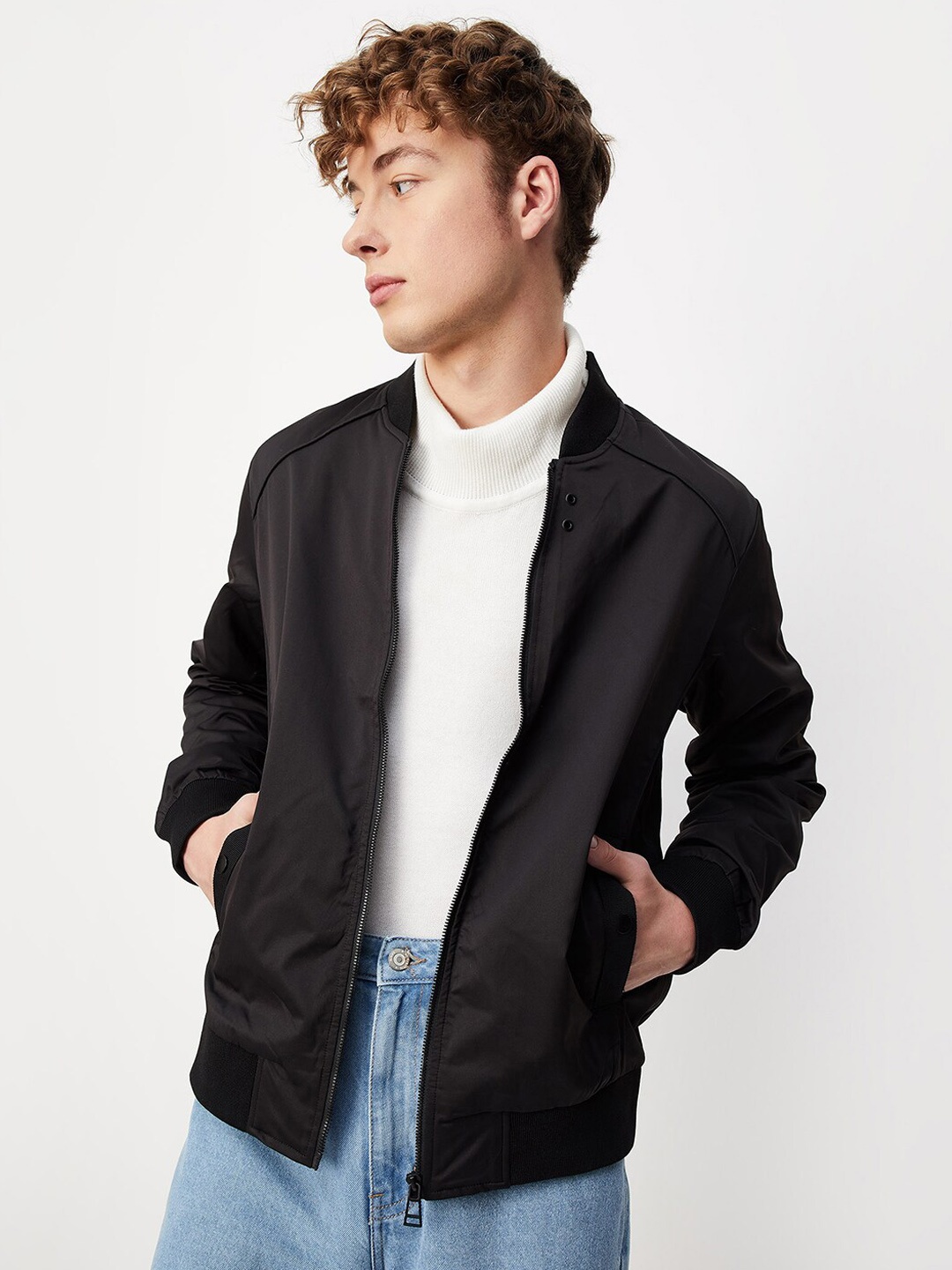 

max Stand Collar Bomber Jacket, Black