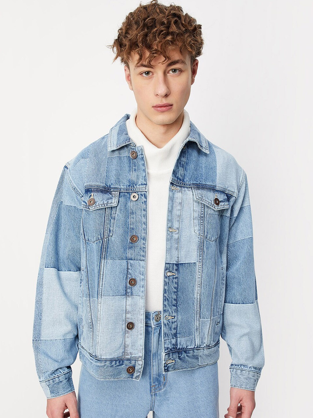 

max Washed Checked Spread Collar Denim Jacket, Blue