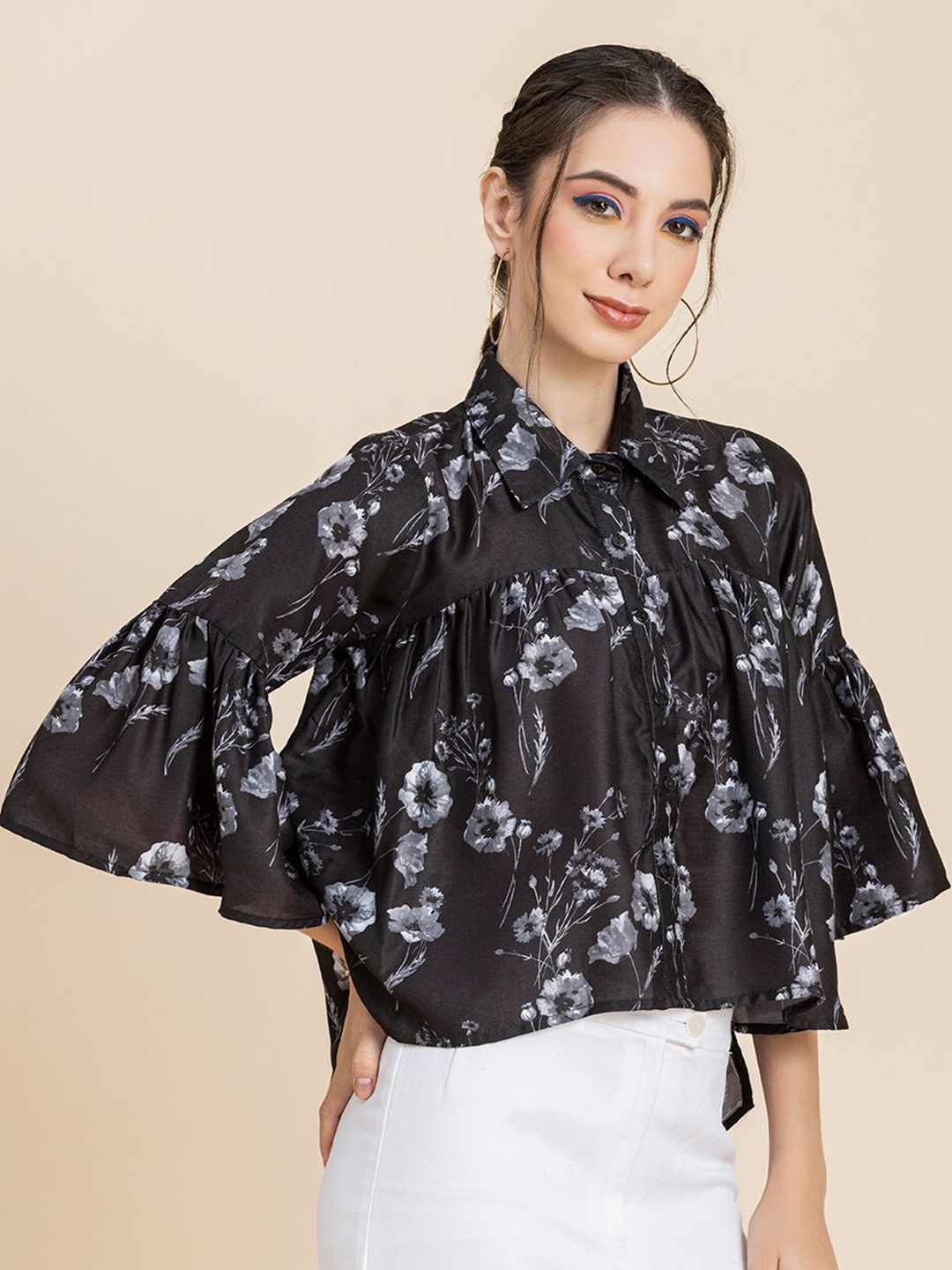

Moomaya Floral Printed Bell Sleeves Top, Black