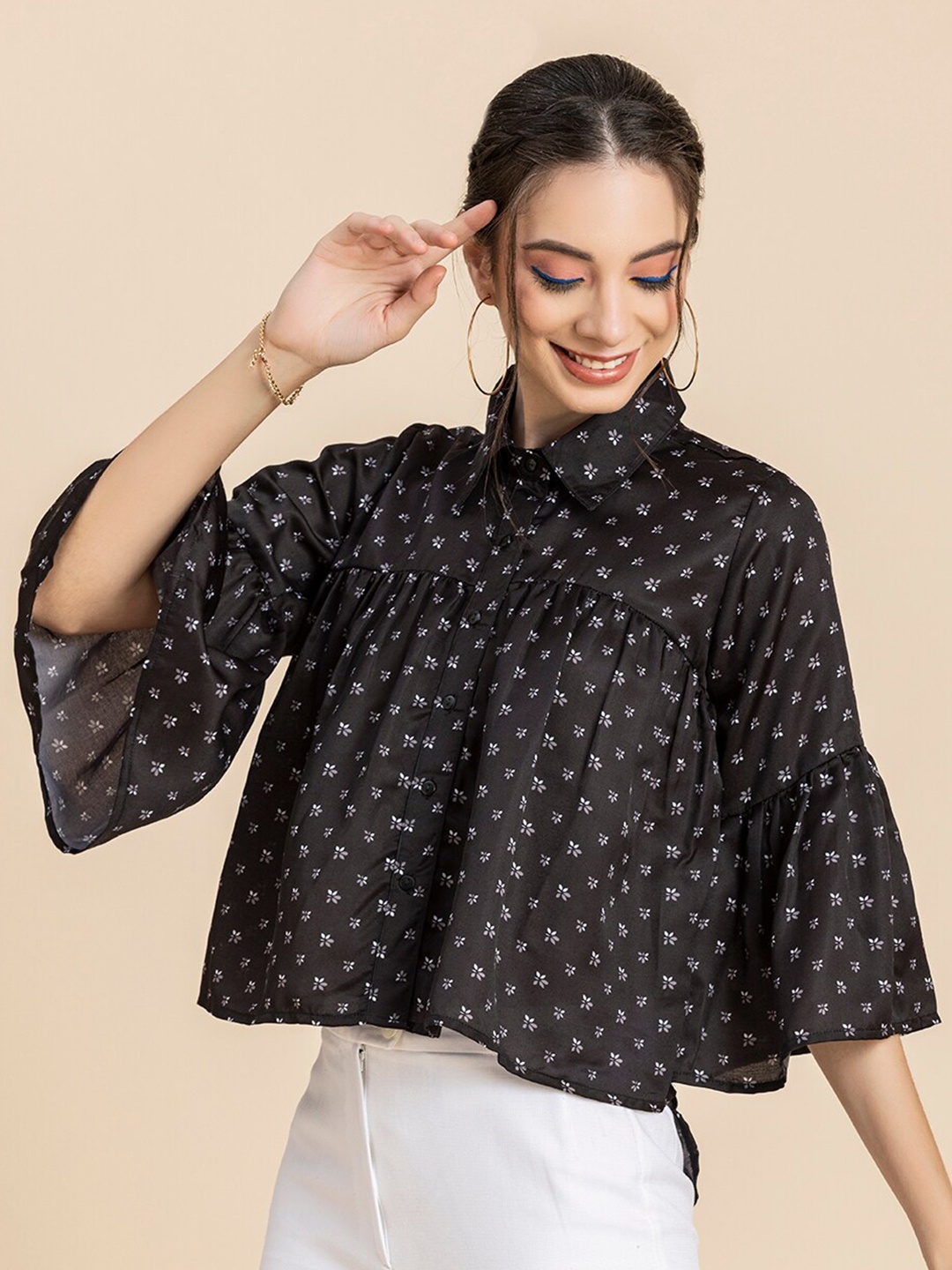 

Moomaya Floral Printed Shirt Style Top, Black