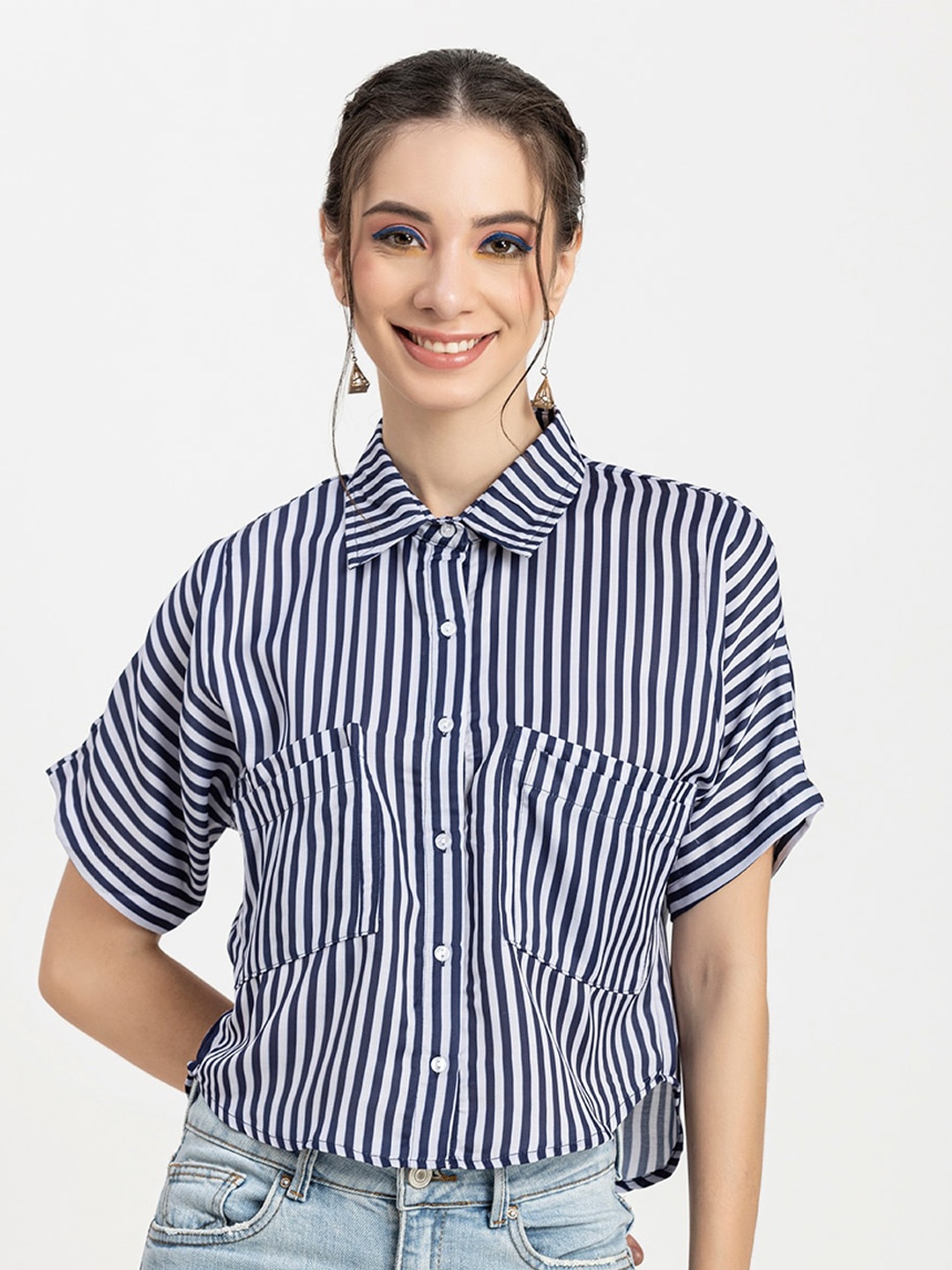 

Moomaya Slim Fit Vertical Striped Spread Collar Casual Shirt, Blue