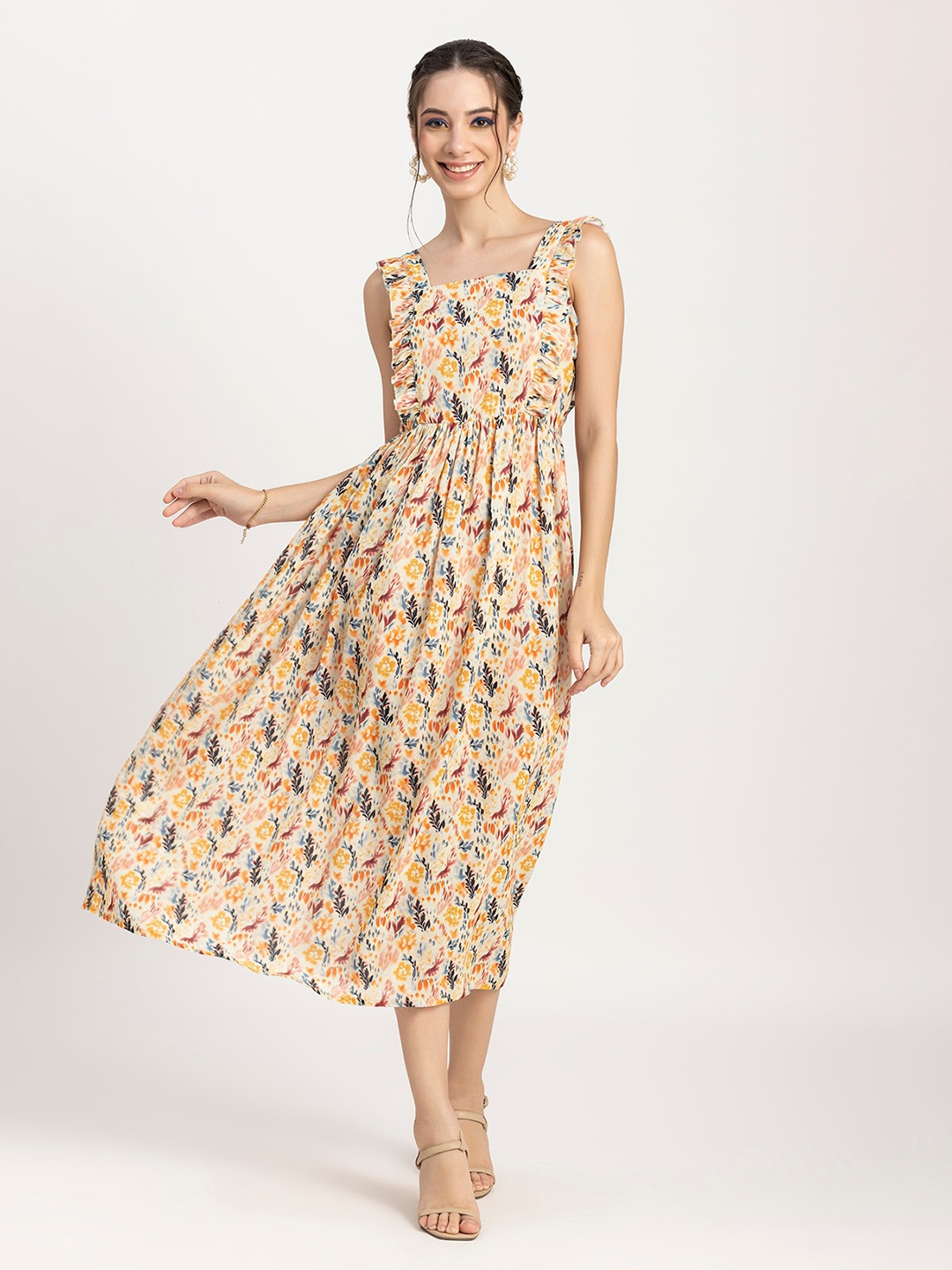 

Moomaya Floral Printed Shoulder Straps Ruffled Gathered & Smocked Fit & Flare Dress, Yellow