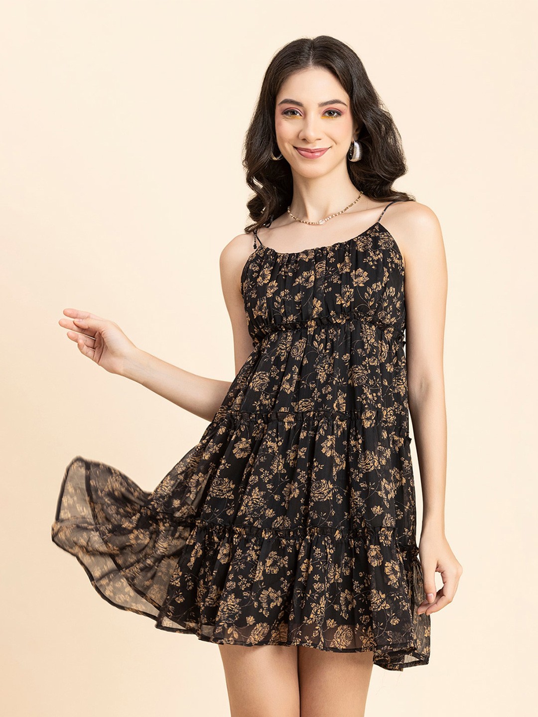

Moomaya Floral Printed Shoulder Straps Tiered Fit & Flare Mini Dress, Black