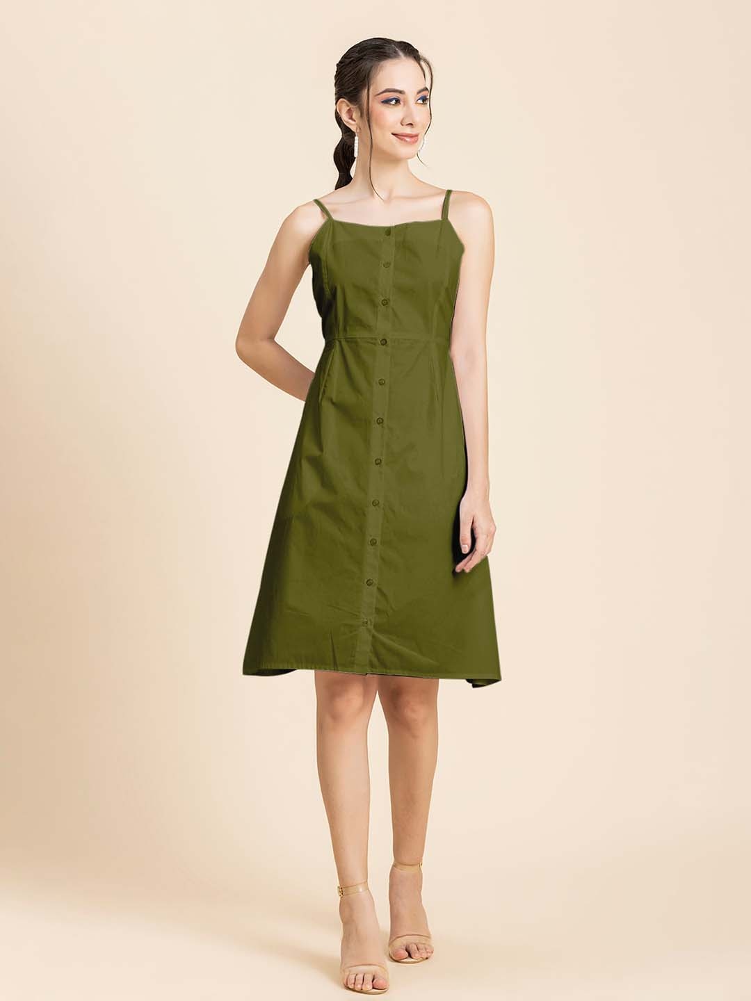 

Moomaya Shoulder Straps Cotton A-Line Dress, Olive