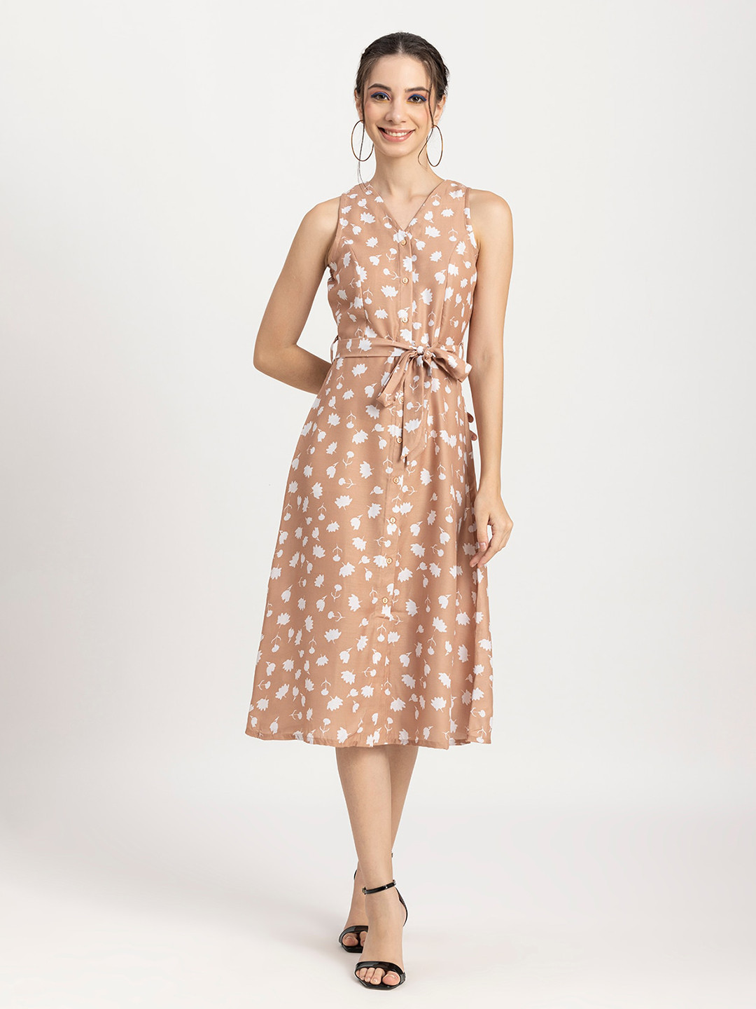 

Moomaya Floral Printed V-Neck Tie-Up Detail A-Line Midi Dress, Beige