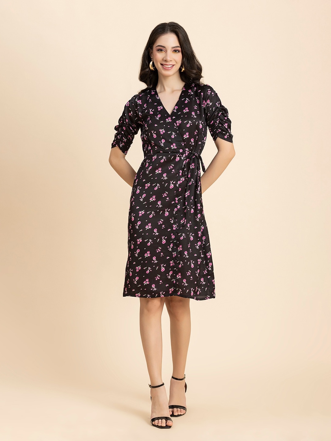 

Moomaya Floral Printed V-Neck Ruched Sleeve Tie-Up Satin Wrap Dress, Black