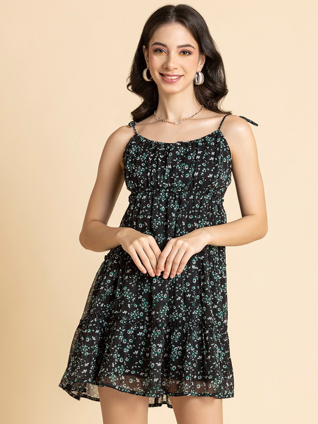 

Moomaya Floral Printed Shoulder Straps Smocked Tiered Chiffon Empire Dress, Black