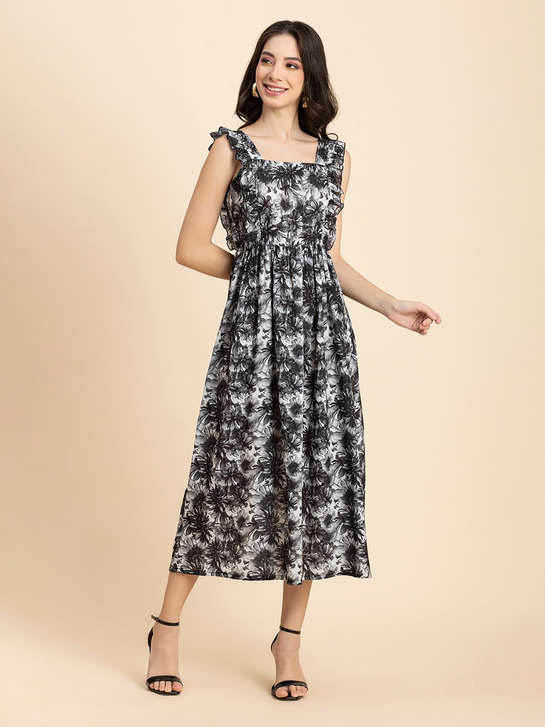 

Moomaya Floral Printed Shoulder Straps Ruffled & Smocked Monochrome Fit & Flare Dress, Black
