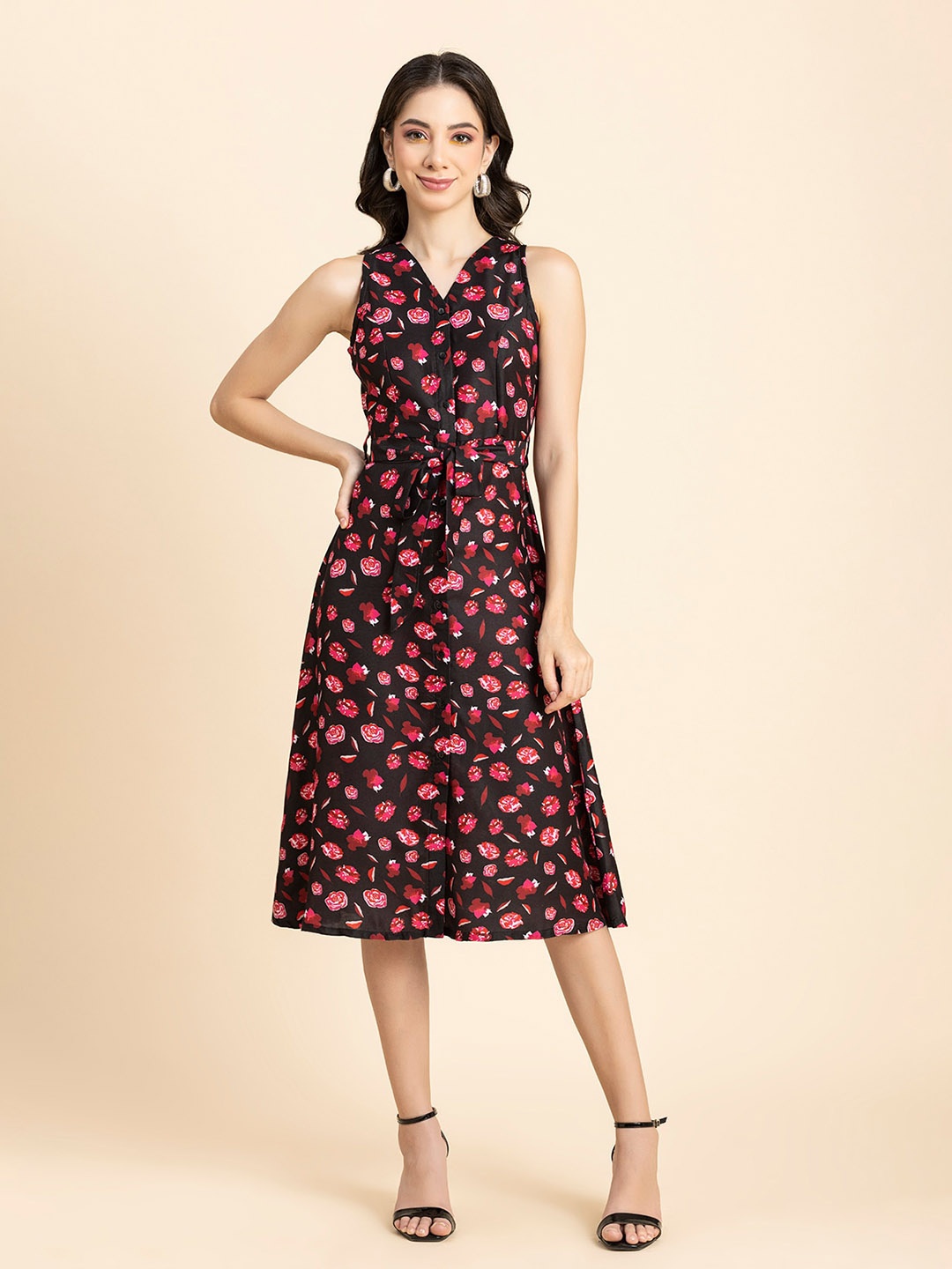 

Moomaya Floral Printed V-Neck Sleeveless Tie-Up Detail A-Line Midi Dress, Black