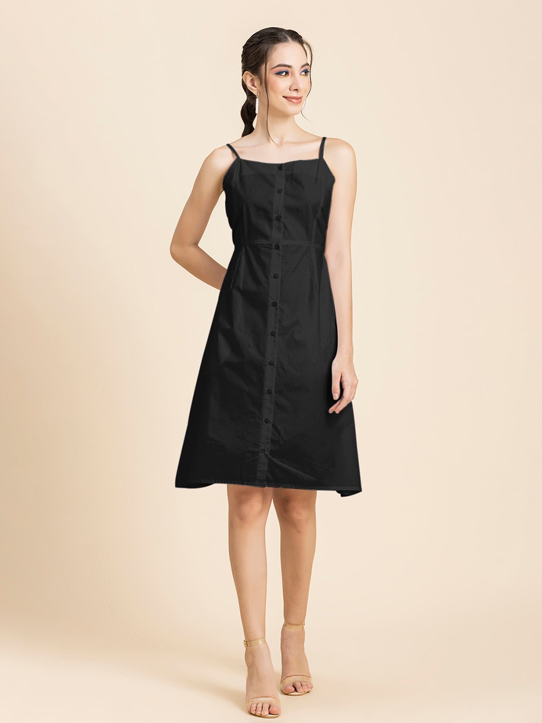 

Moomaya Shoulder Straps Cotton A-Line Dress, Black