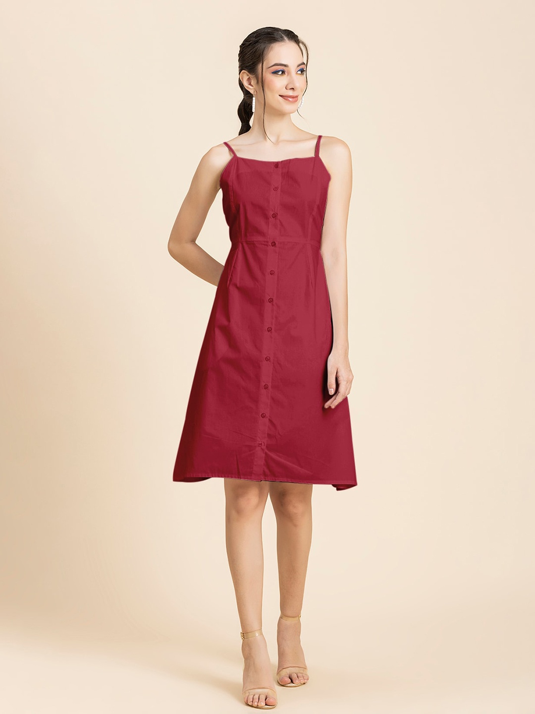 

Moomaya Shoulder Straps Cotton A-Line Dress, Pink