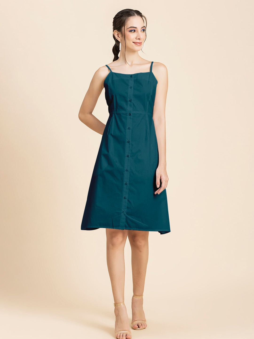 

Moomaya Shoulder Straps Cotton A-Line Dress, Teal