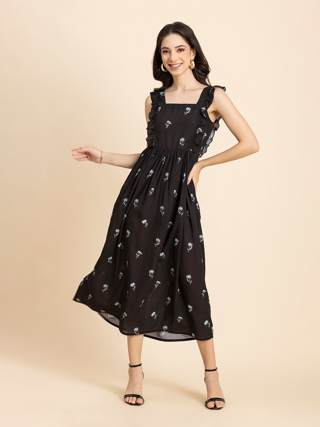 

Moomaya Floral Printed Shoulder Straps Ruffled & Smocked Gathered Fit & Flare Dress, Black