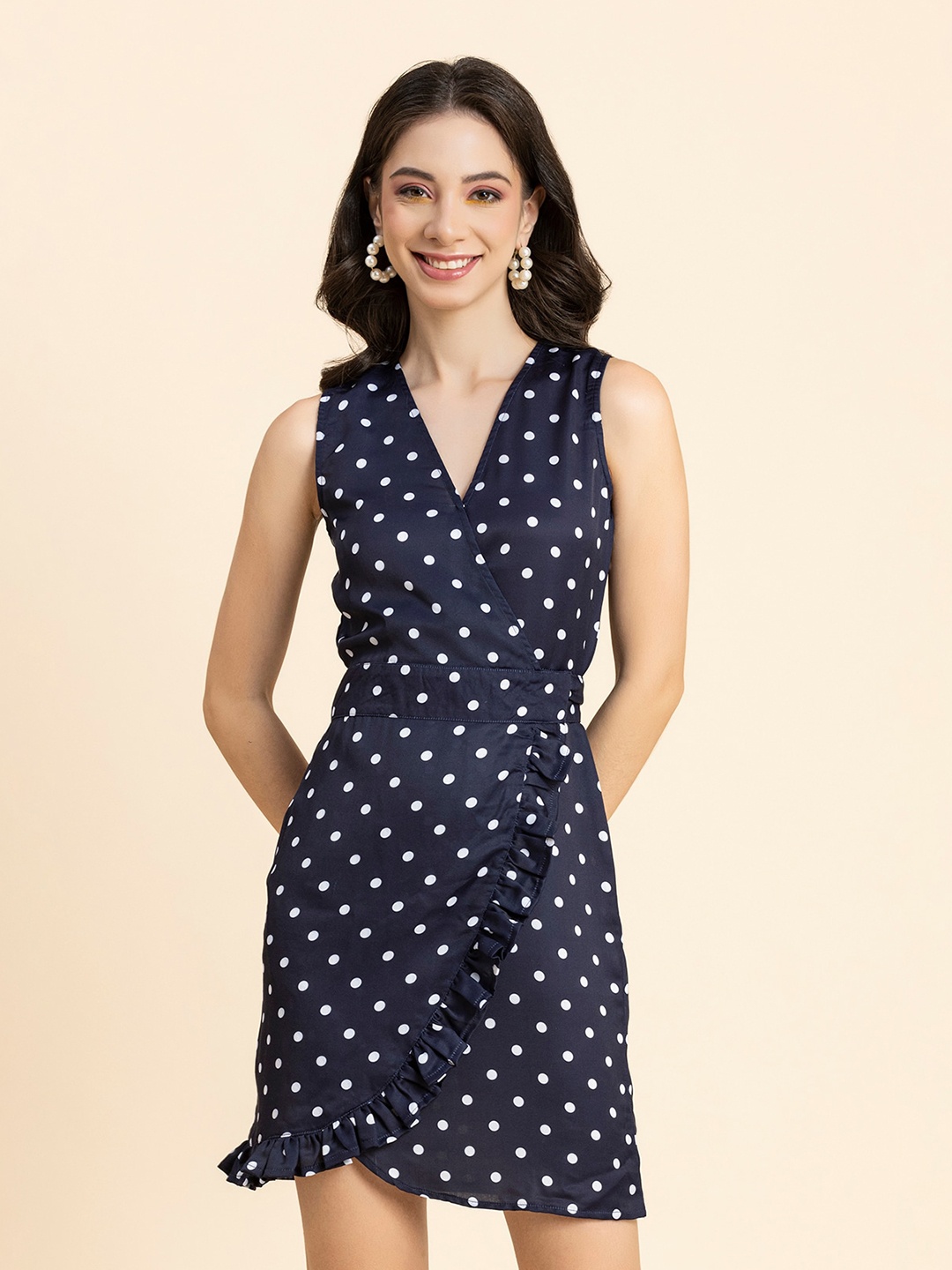 

Moomaya Polka Dots Printed V-Neck Ruffled Satin Wrap Dress, Navy blue