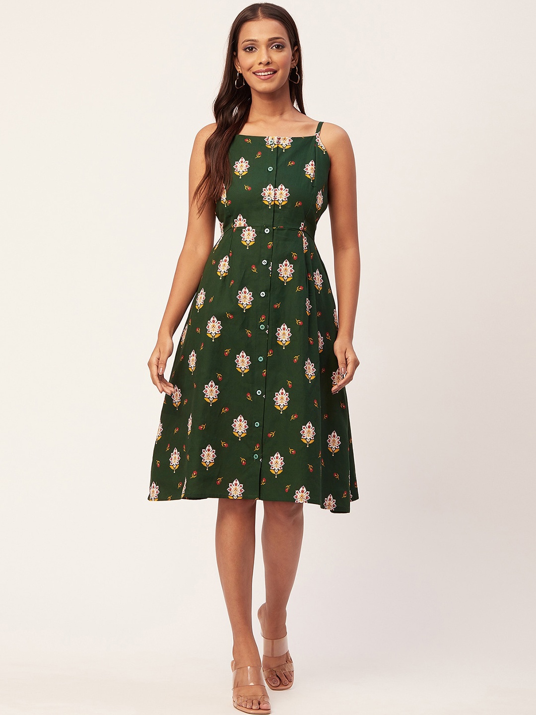 

Moomaya Floral Printed Shoulder Straps Cotton A-Line Dress, Green