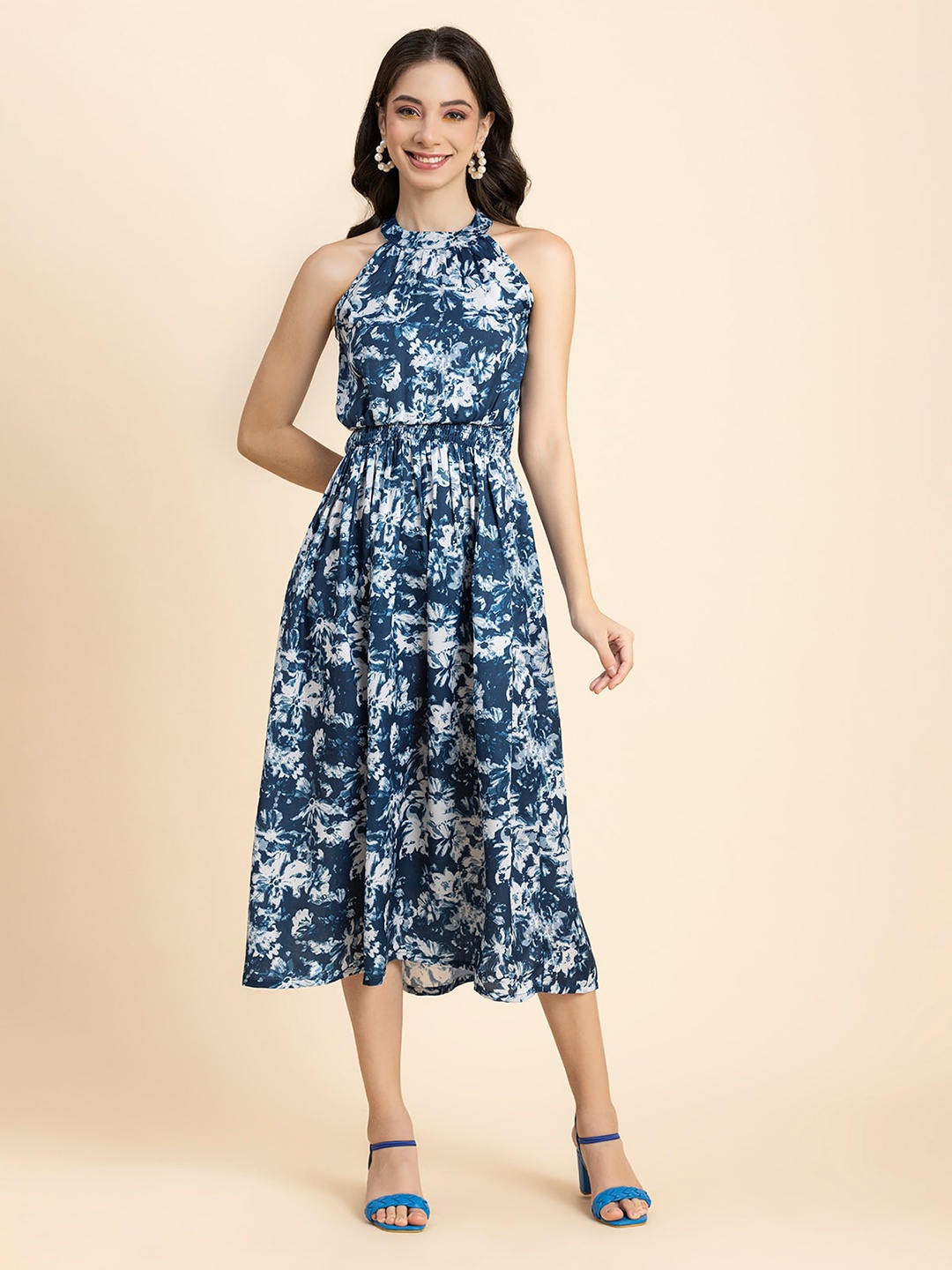 

Moomaya Floral Printed Halter Neck Smocked Satin Fit & Flare Dress, Blue