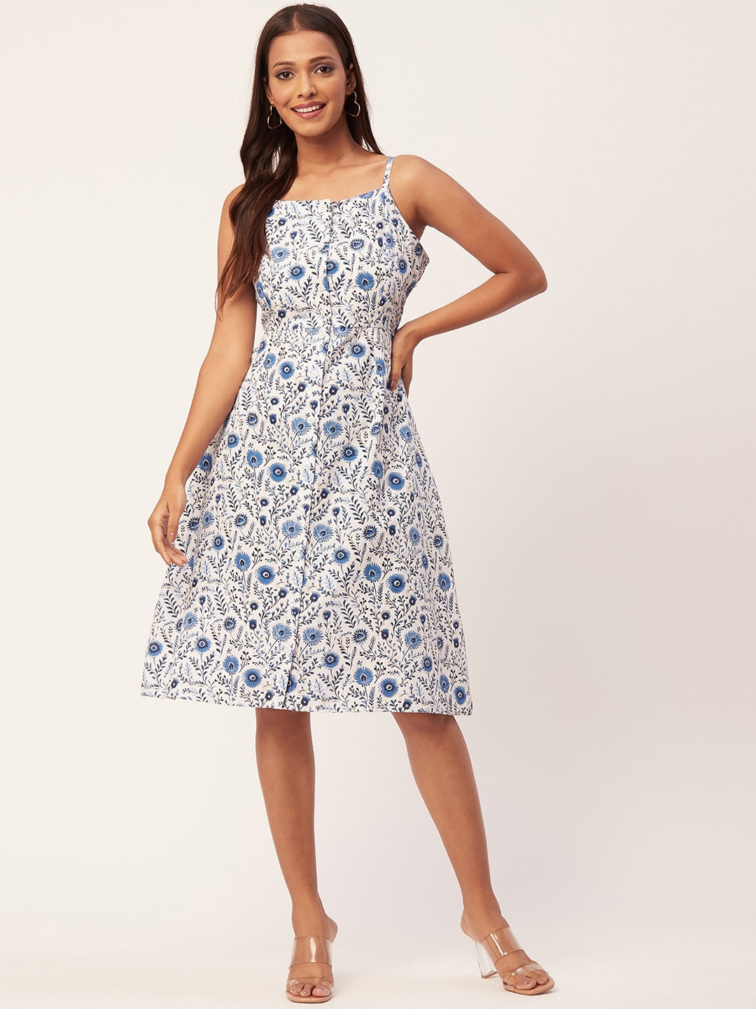 

Moomaya Floral Printed Shoulder Straps Cotton A-Line Dress, White