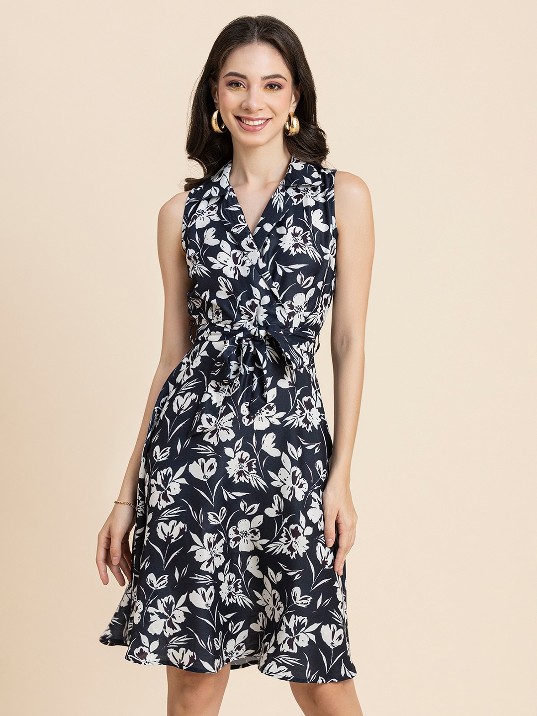 

Moomaya Floral Printed Lapel Collar Satin Fit & Flare Dress, Navy blue