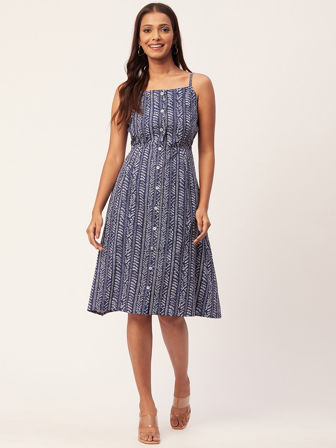 

Moomaya Floral Printed Shoulder Straps Cotton A-Line Dress, Blue