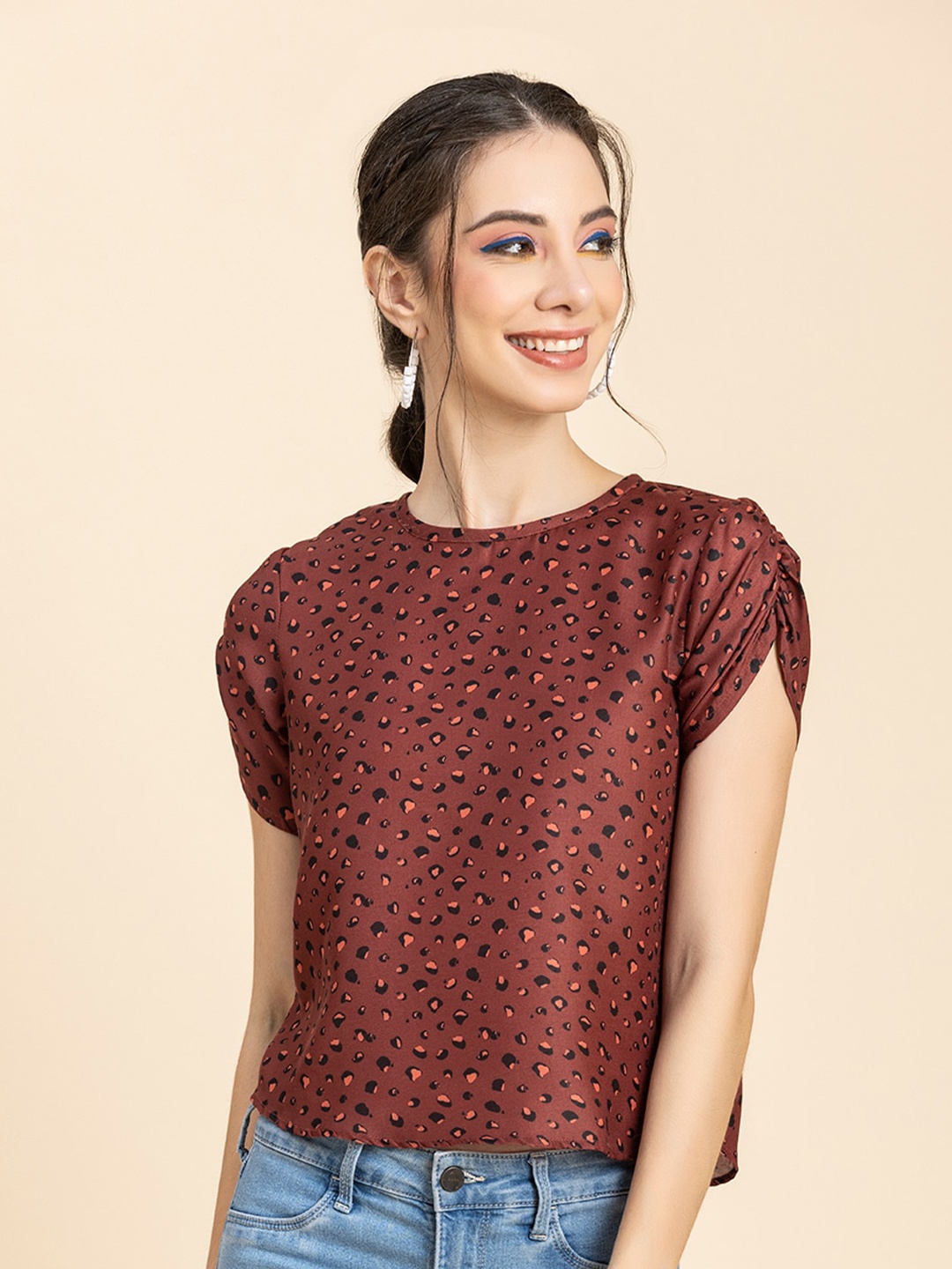 

Moomaya Conversational Printed Extended Sleeves Top, Brown