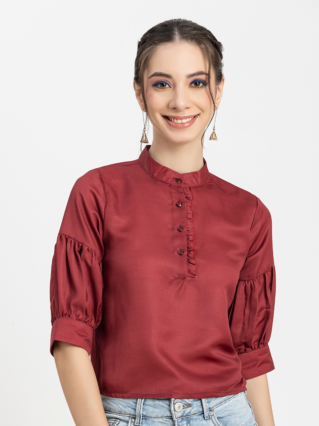 

Moomaya Mandarin Collar Satin Shirt Style Top, Maroon