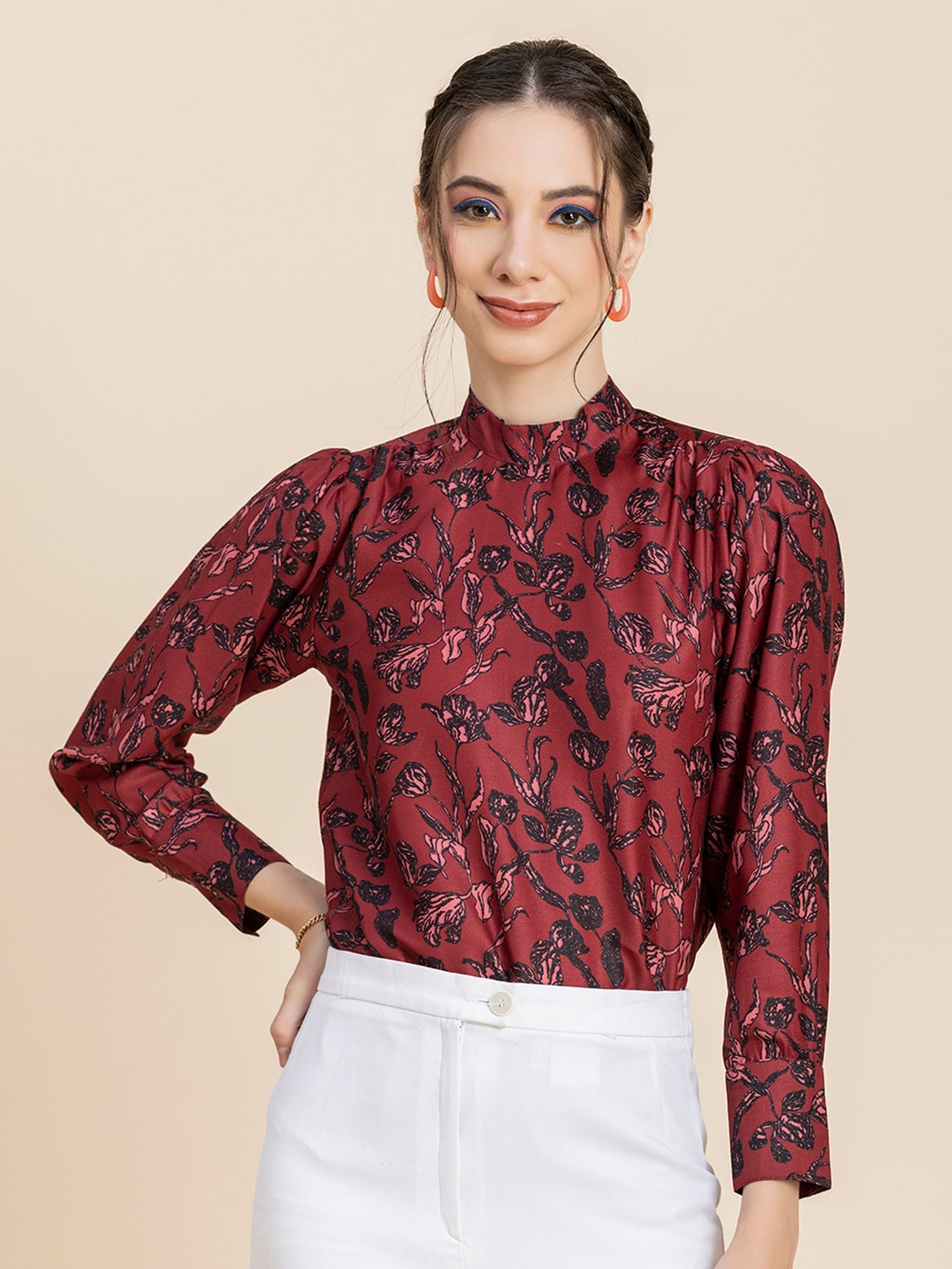 

Moomaya Floral Printed High Neck Cuffed Sleeves Top, Maroon