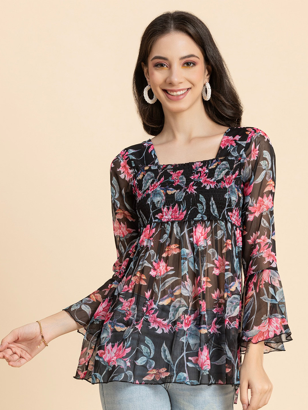 

Moomaya Floral Print Bell Sleeve Chiffon Top, Black
