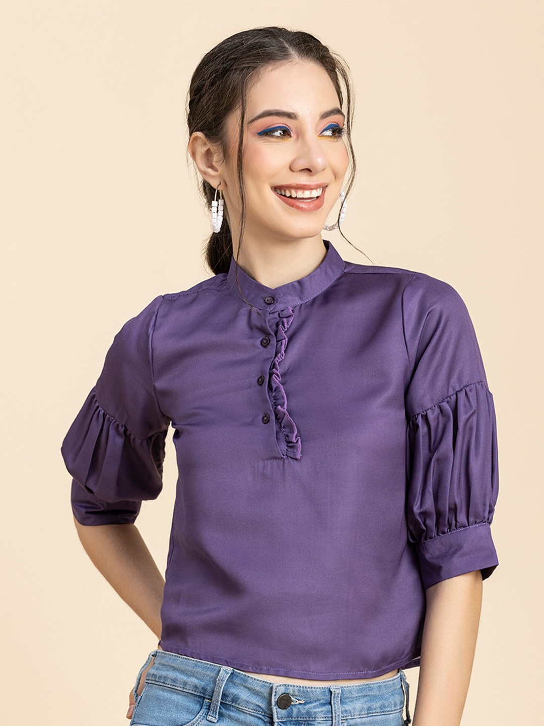 

Moomaya Mandarin Collar Puff Sleeve Ruffles Top, Purple