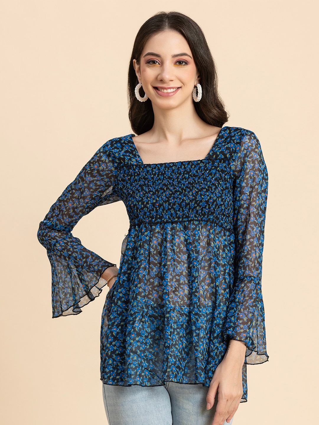 

Moomaya Floral Print Bell Sleeve Smocked Empire Top, Blue