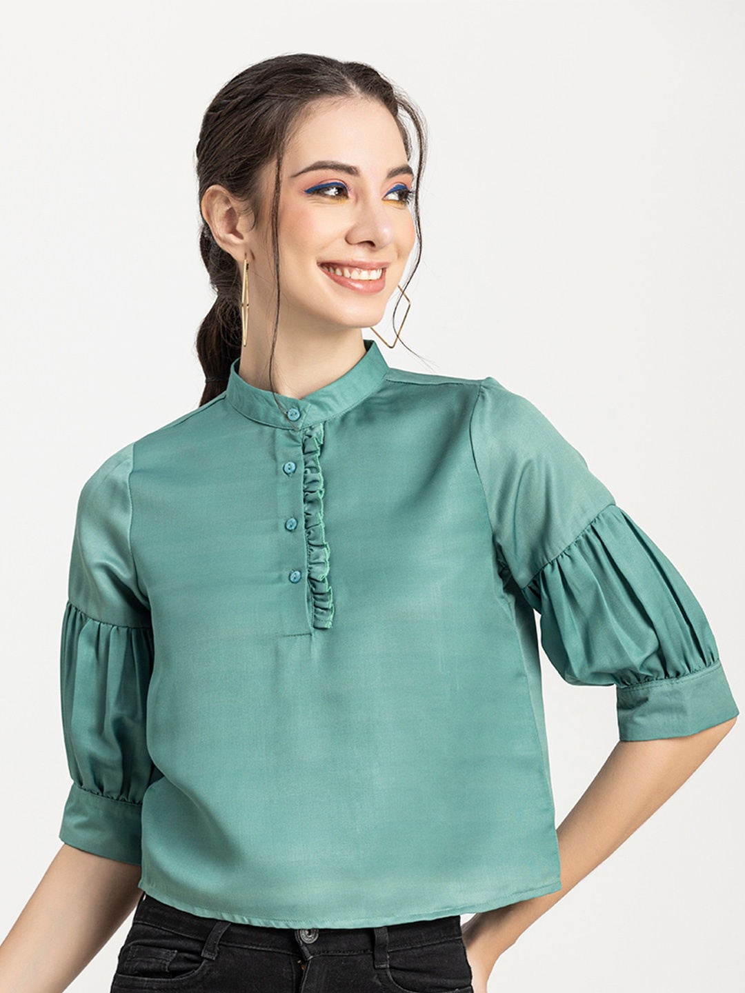 

Moomaya Mandarin Collar Puff Sleeve Satin Shirt Style Top, Sea green