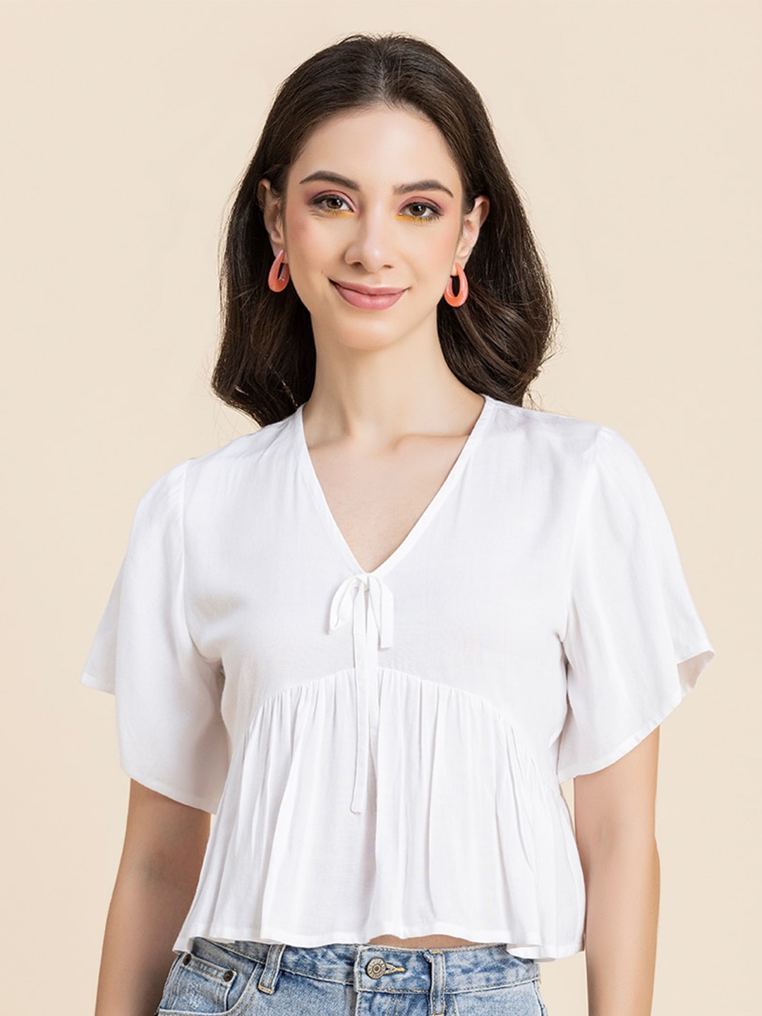 

Moomaya Flutter Sleeve Empire Crop Top, White