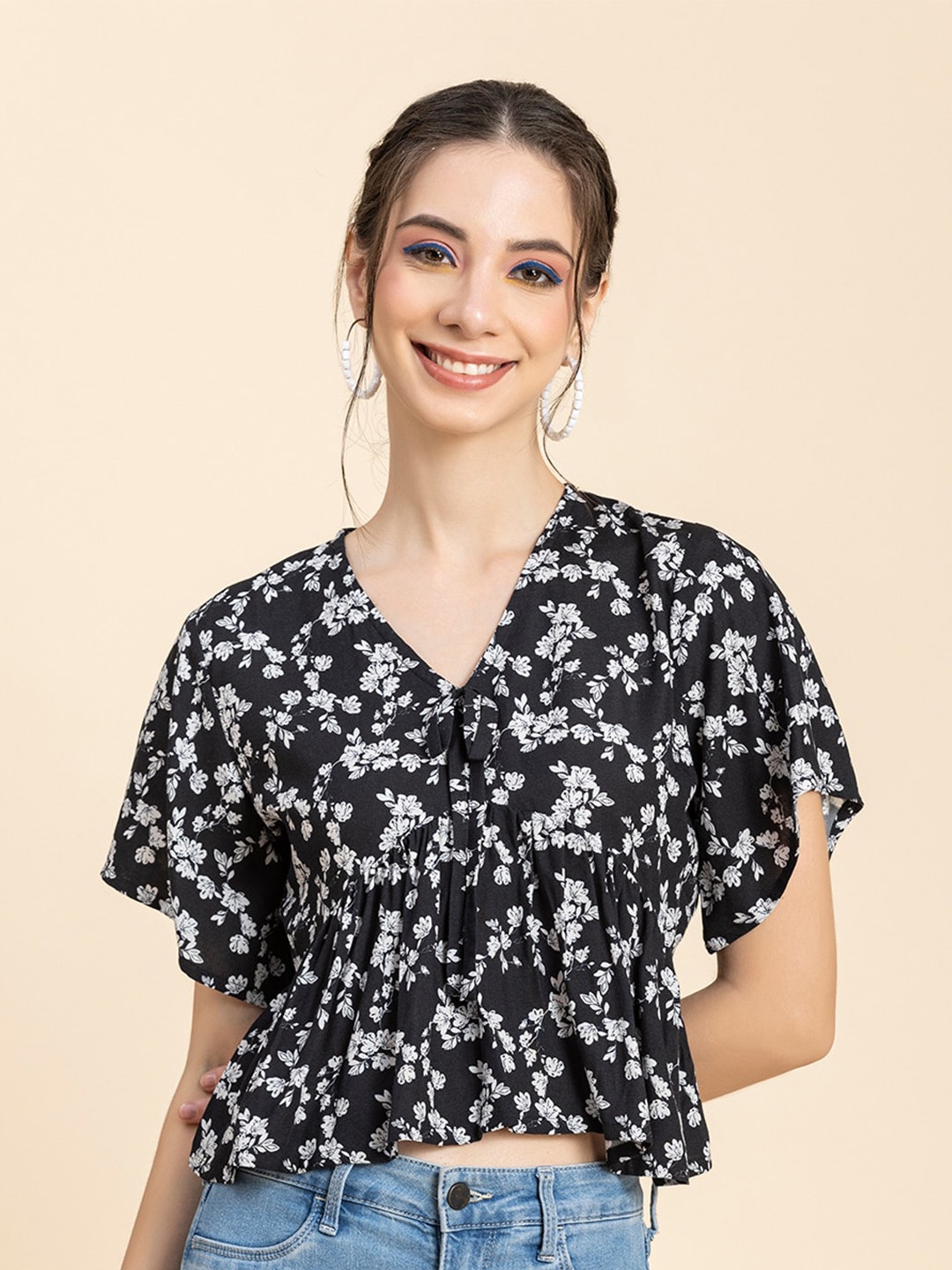 

Moomaya Floral Printde Flared Sleeves Empire Crop Top, Black