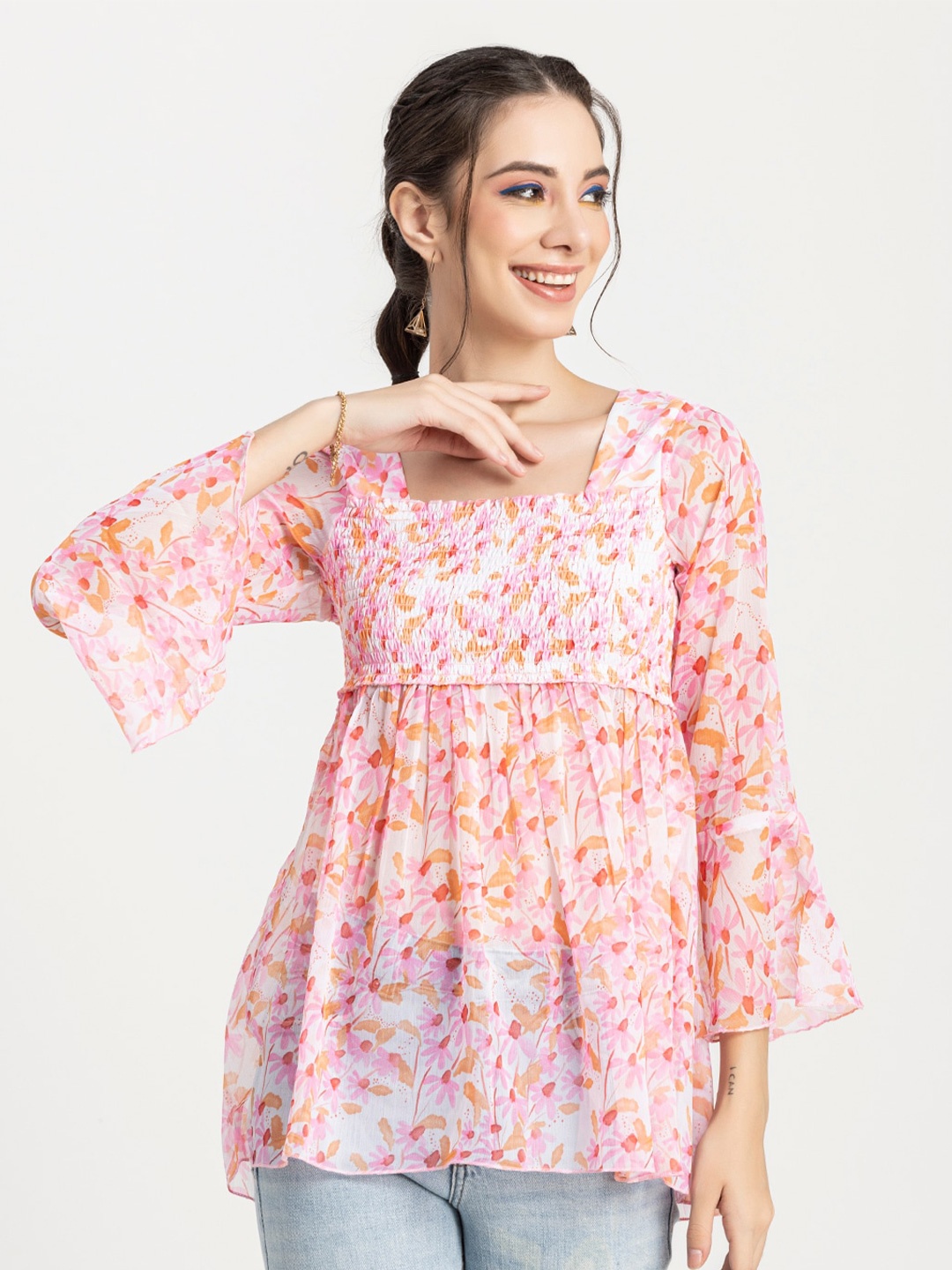 

Moomaya Floral Print Bell Sleeve Empire Longline Top, Pink