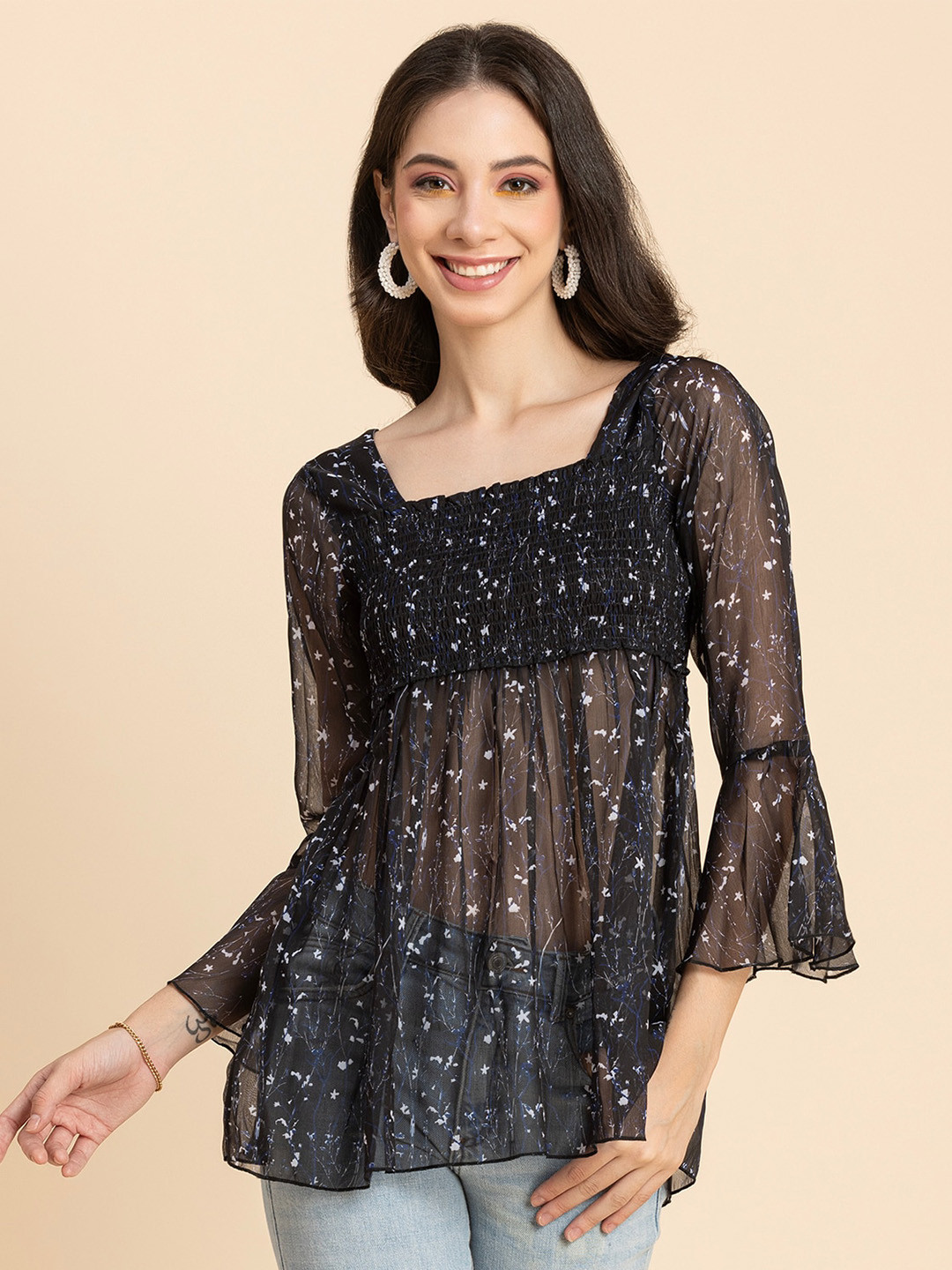 

Moomaya Floral Printed Square Neck Bell Sleeve Smocking Chiffon Top, Black