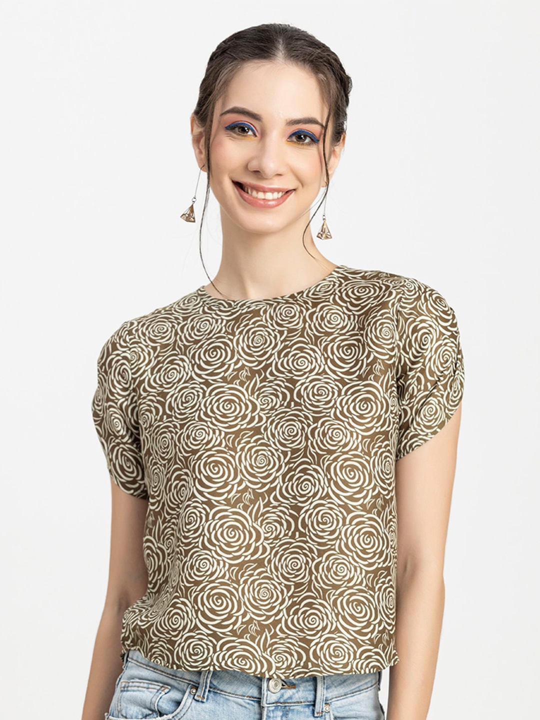 

Moomaya Floral Printed Extended Sleeves Satin Top, Olive