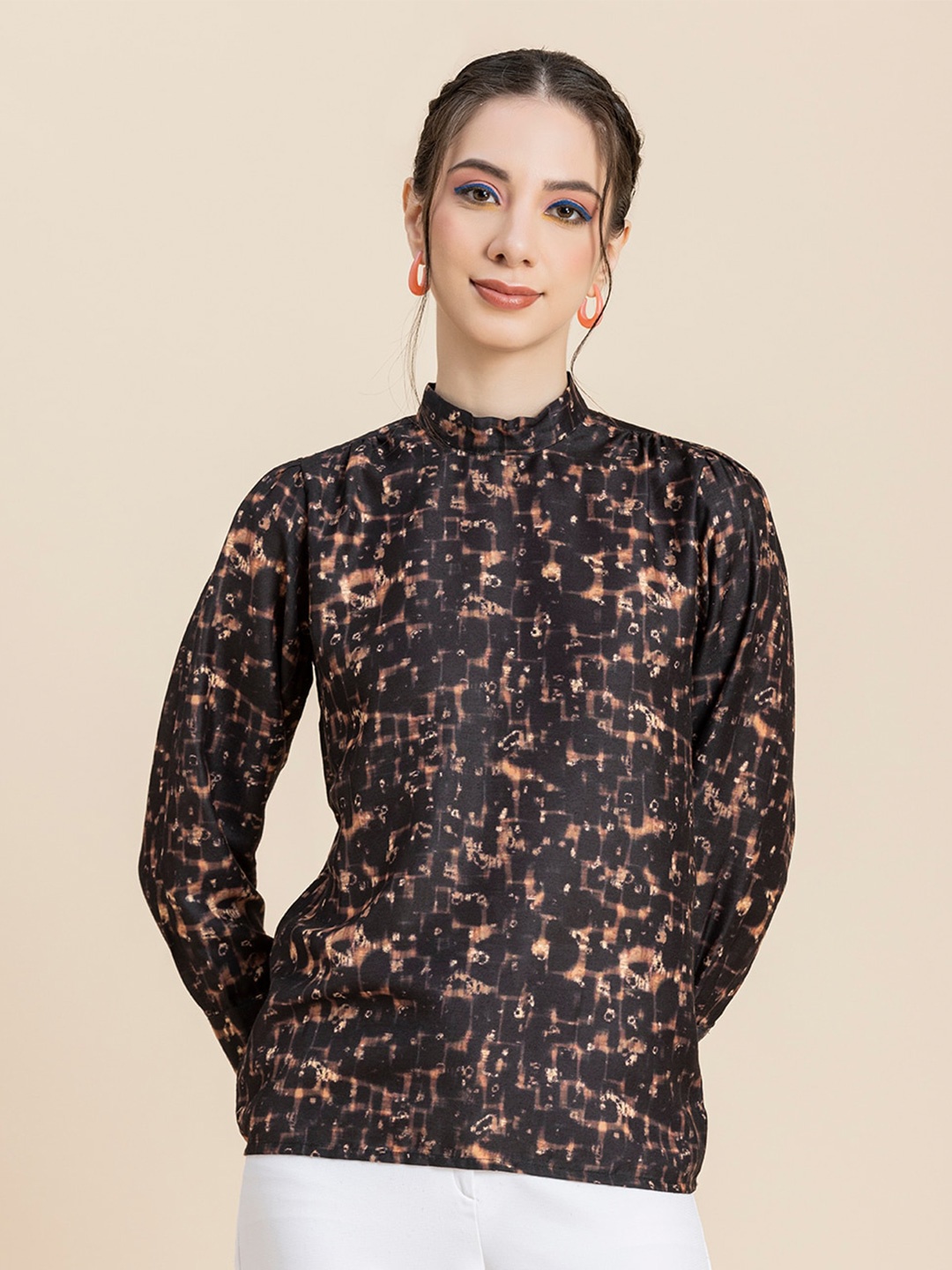 

Moomaya Abstract Printed High Neck Cuffed Sleeves Satin Top, Black