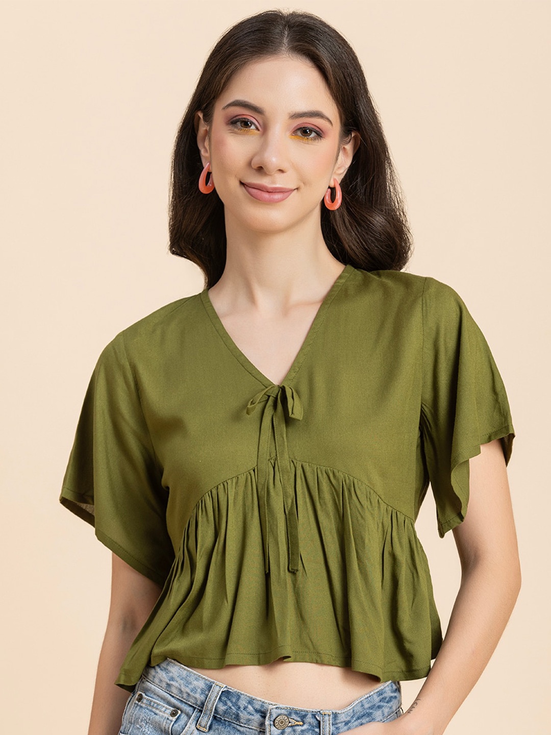 

Moomaya V-Neck Short Sleeves Empire Crop Top, Olive