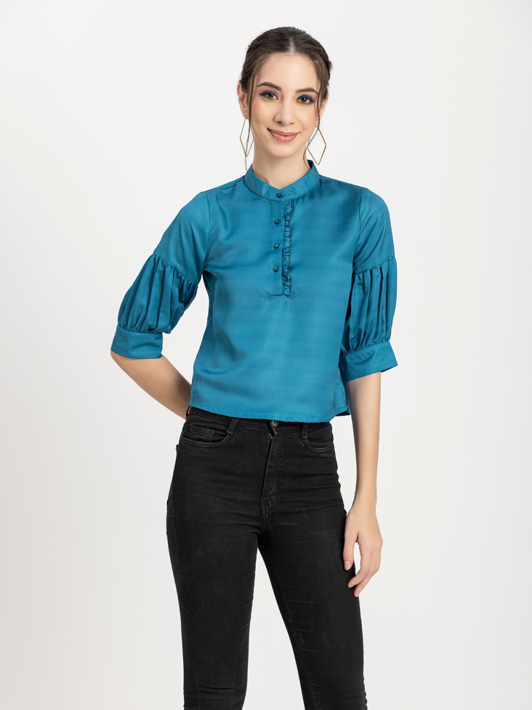 

Moomaya Mandarin Collar Puff Sleeves Ruffled Top, Teal