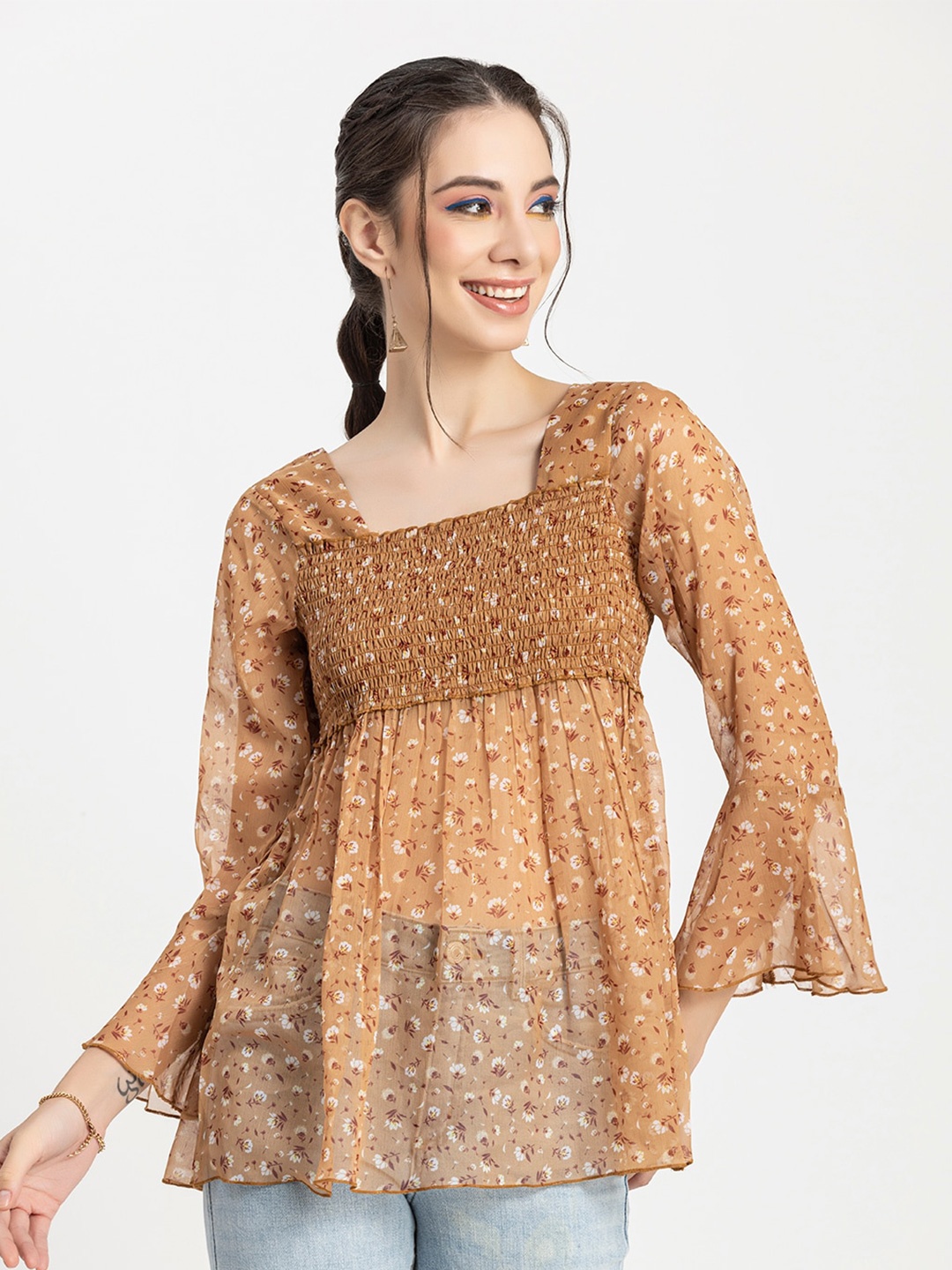 

Moomaya Floral Printed Bell Sleeves Chiffon Empire Top, Beige