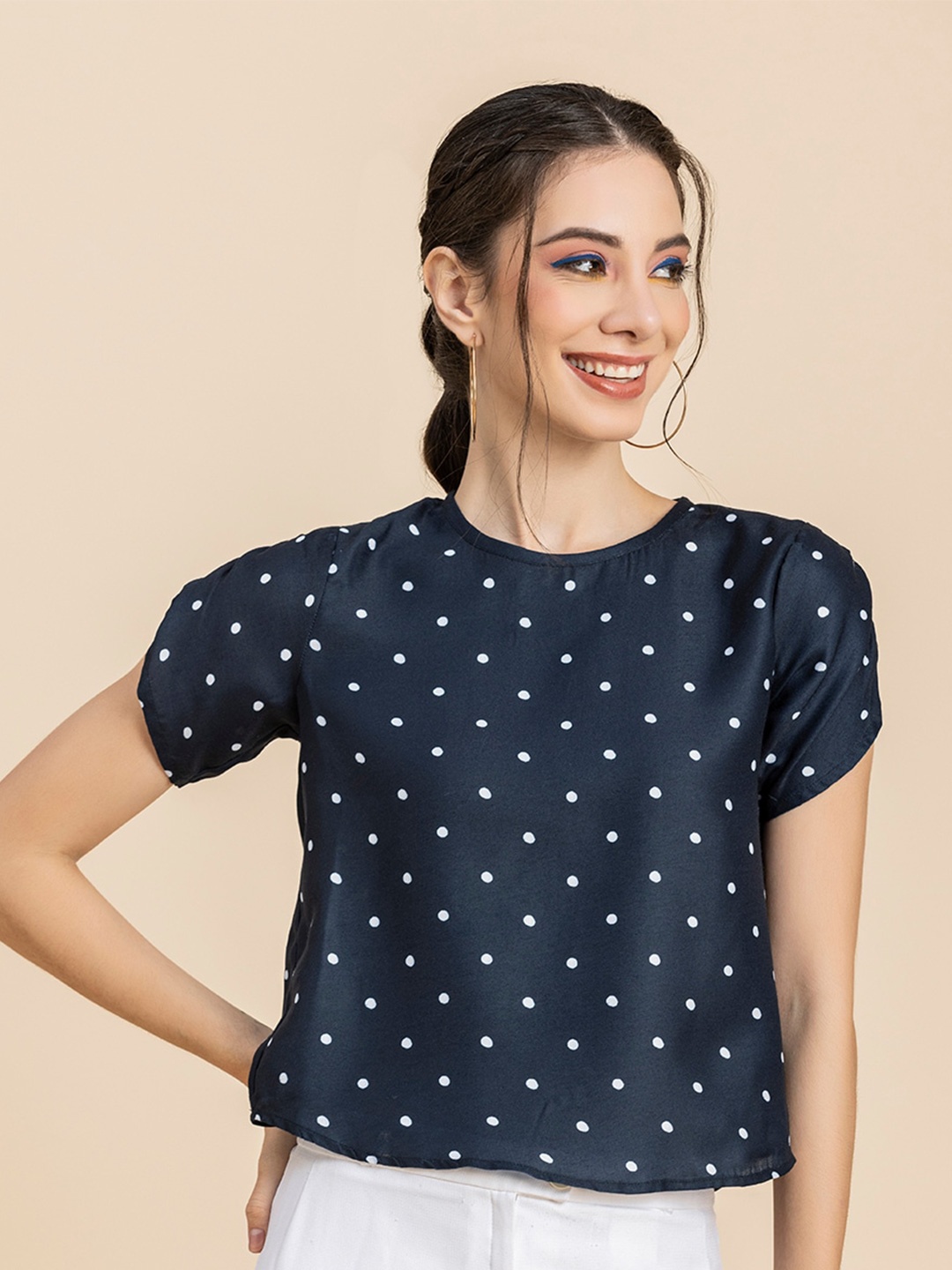 

Moomaya Polka Dot Printed Ruched Top, Navy blue