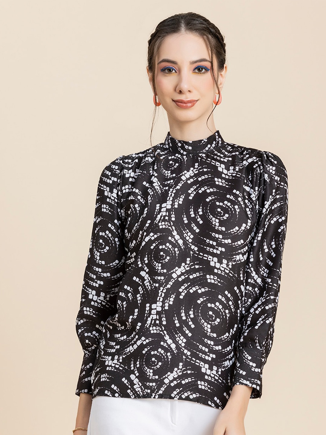 

Moomaya Abstract Printed High Neck Puff Sleeves Top, Black