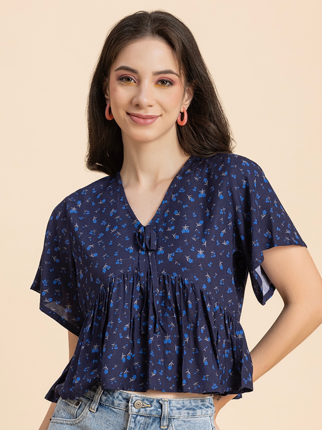 

Moomaya Floral Printed Flutter Sleeve Empire Crop Top, Navy blue