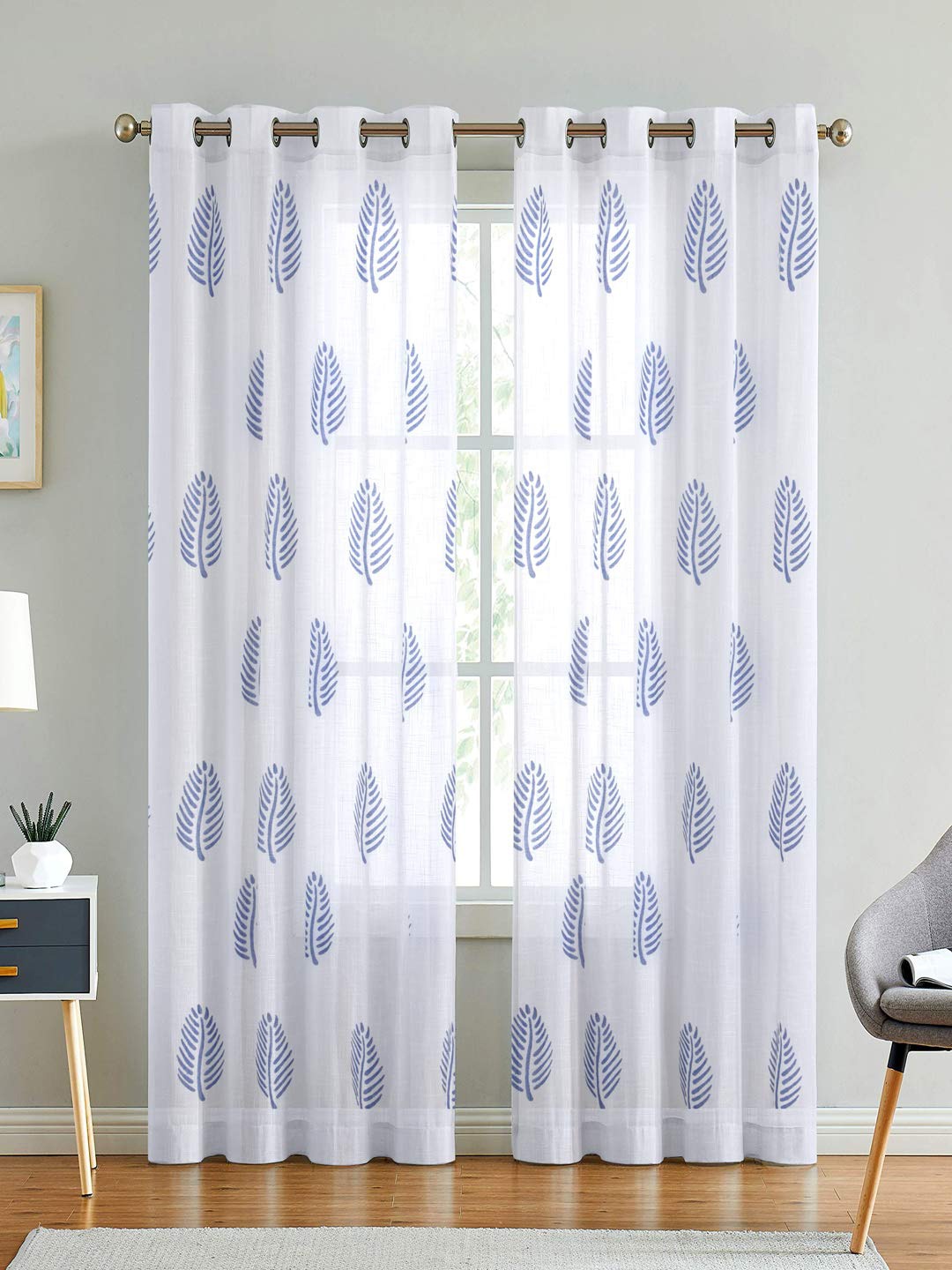 LINENWALAS Happy Sleeping 2 Pcs White & Blue Cotton Sheer Door Curtains