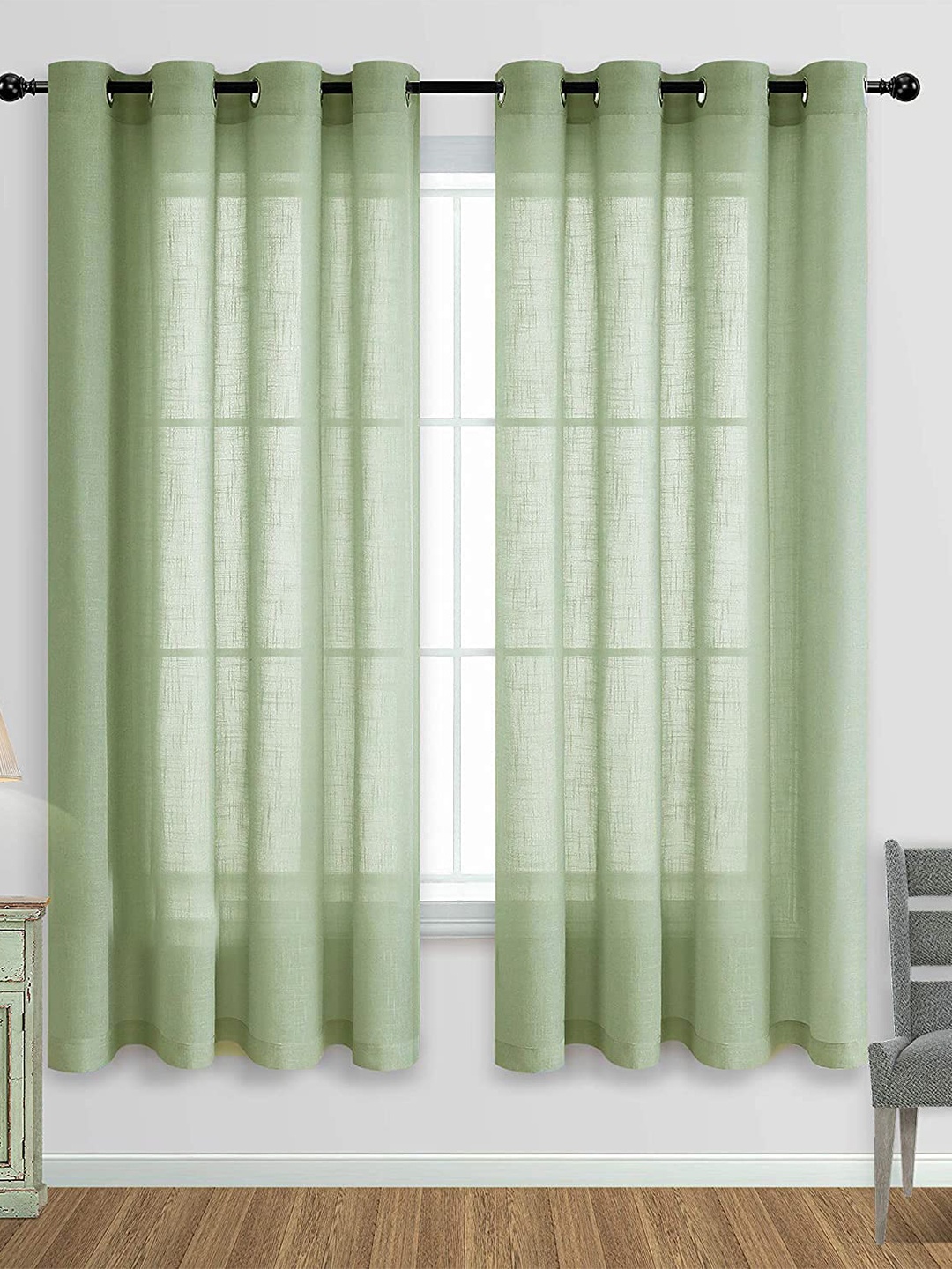 

LINENWALAS Happy Sleeping 2 Pcs Green Cotton Sheer Window Curtains