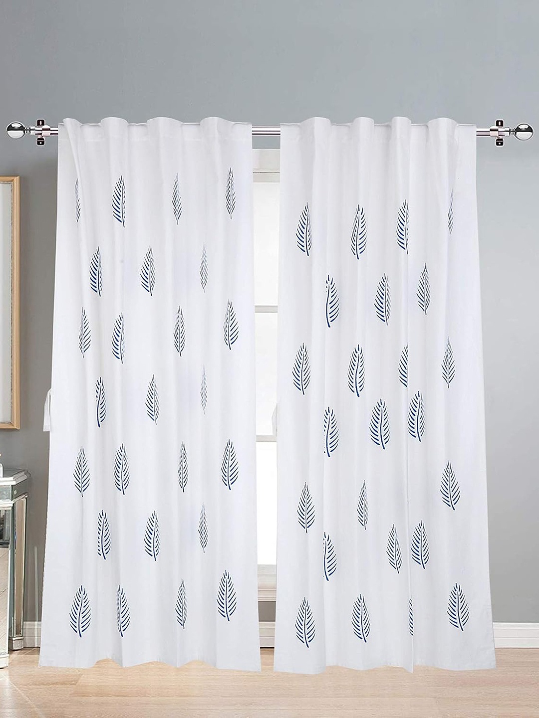 

LINENWALAS Happy Sleeping 2 Pcs White & Blue Cotton Room Darkening Window Curtains