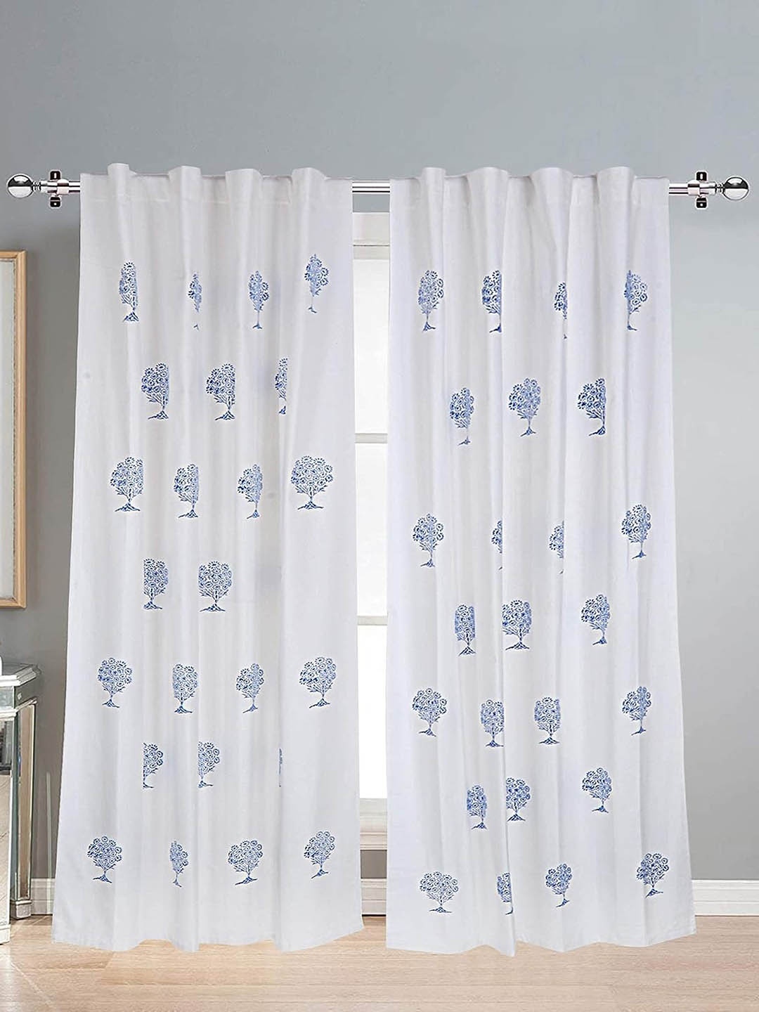 

LINENWALAS Happy Sleeping 2 Pcs White & Blue Floral Cotton Room Darkening Window Curtains