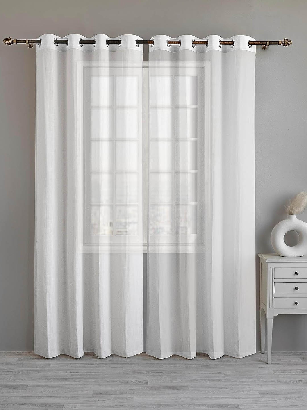 

LINENWALAS Happy Sleeping 2 Pcs White Cotton Sheer Window Curtains