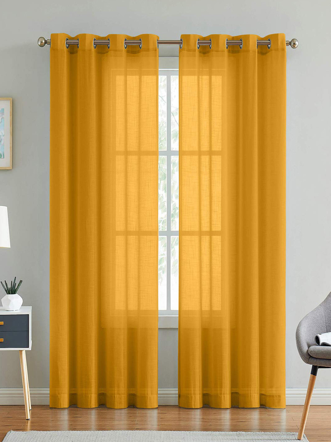 

LINENWALAS Happy Sleeping 2 Pcs Mustard Yellow Cotton Sheer Window Curtains