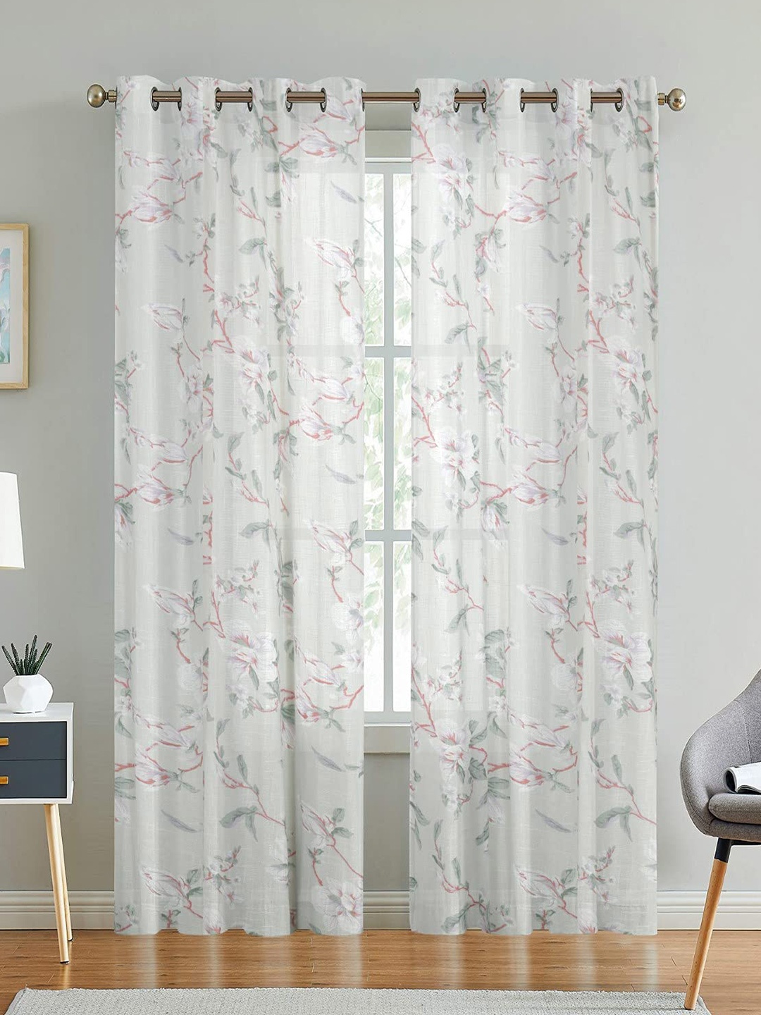 

LINENWALAS Happy Sleeping 2 Pcs White & Pink Floral Cotton Sheer Door Curtains