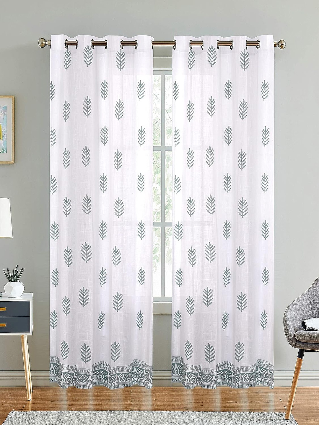 

LINENWALAS Happy Sleeping 2 Pcs White & Green Ethnic Motifs Cotton Sheer Window Curtains